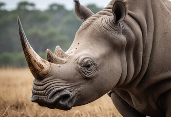 Fototapeta premium A close-up of a majestic rhino with its horn, highlighting the threat of poaching. (Raise awareness about endangered species) 