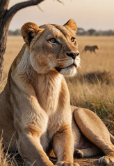 Obraz premium A majestic lioness surveying her pride on the African savanna (photorealistic & artistic). 