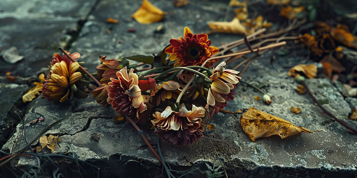 Final Farewell: A bouquet of wilted flowers, their petals brown and crumpled, rests on a cold, stone hearth