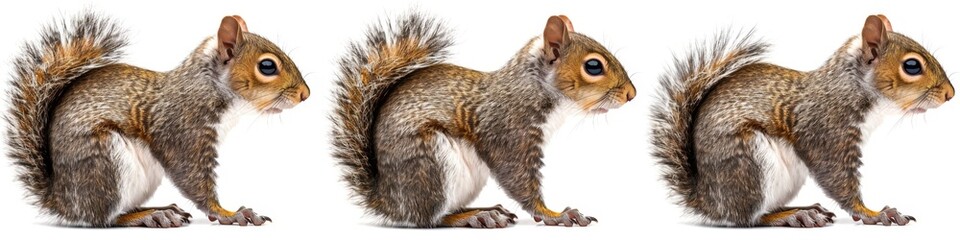 Fototapeta premium Adorable Squirrel Portrait Collection: Multiple Angles and Side Views on White Background. Detailed Wildlife Illustration Showcasing Furry Rodent's Expressions and Poses. High-Resolution 4K Nature Wal