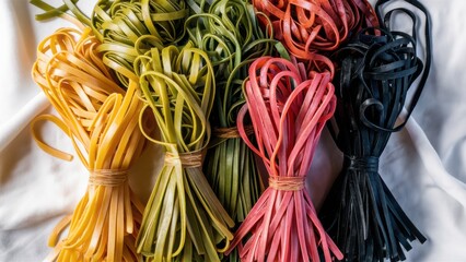 A bunch of colorful pasta on a white cloth with different colors, AI