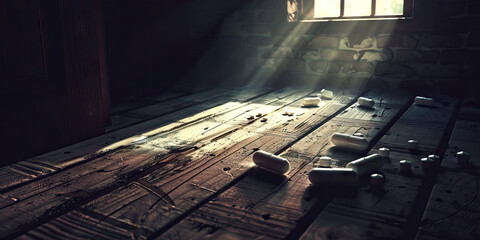 Bleak Shadows of Despair: A dimly lit bedroom, with empty pill bottles scattered across the wooden floor.