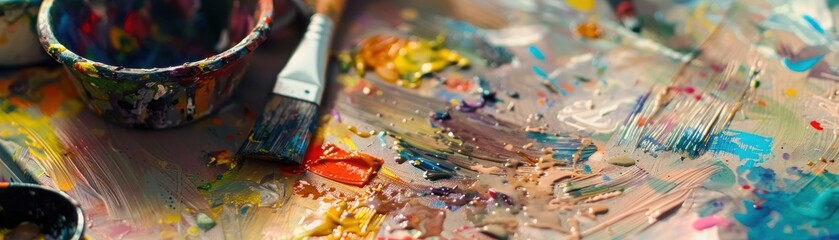 Closeup of art studio workspace, creative mess, realistic studio lighting, high detail and vivid colors