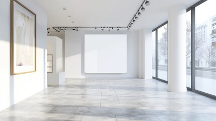 Fototapeta premium Boutique Frame. Empty White Interior Room with Wall Frame in a Museum Setting