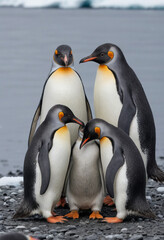 Obraz premium A colony of penguins huddled together for warmth on an icy Antarctic shore. 