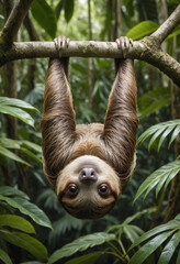 Fototapeta premium A sloth hanging upside down from a rainforest tree, camouflaged amongst the leaves. 
