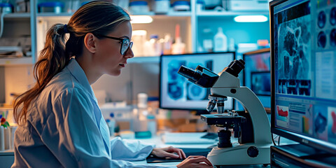 A Caucasian female scientist Analyzing Data on Computer Screen in Modern Laboratory with Microscope. Laboratory Researcher Using Advanced Computing to Study Scientific Images.
