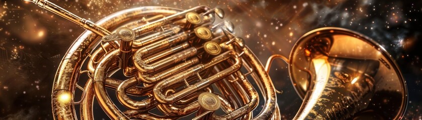 Naklejka premium French horn with intricate details, warm tones, realistic studio lighting, highresolution background