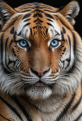 A photorealistic portrait of a majestic Siberian tiger with piercing blue eyes. 