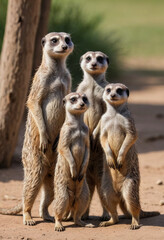  A family of meerkats standing upright on their hind legs, keeping watch for predators. 