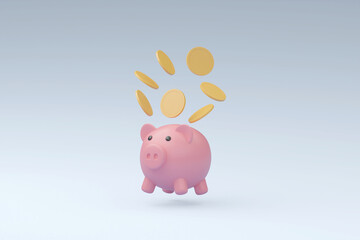 3D render featuring a piggy bank with coins floating around it. The piggy bank symbolizes the act of saving money, while the floating coins represent the dynamic and growing nature of savings.