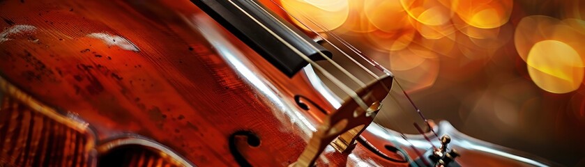 Closeup of a cello, intricate craftsmanship, warm tones, realistic studio lighting, vibrant and detailed