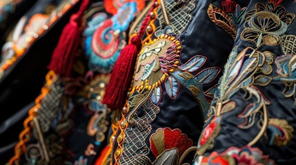 Detailed opera costumes, intricate embroidery, bold colors, realistic studio lighting, highresolution background