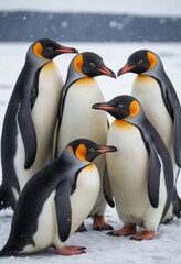 Fototapeta premium A group of penguins huddled together for warmth on a snowy Antarctic shore. 