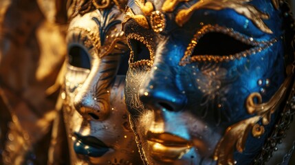 Obraz premium Ornate theatre masks, rich textures, bright colors, realistic studio lighting, highresolution background