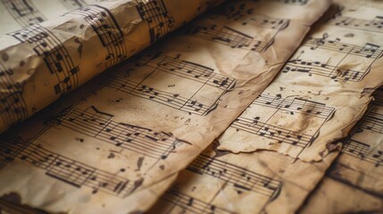 Vintage sheet music with detailed notes, closeup view, realistic studio lighting, highresolution