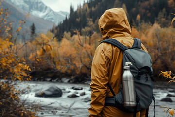 Solo traveler exploring a scenic autumn landscape, with zero waste travel gear