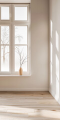 Fototapeta premium Large window in an empty property room with no furniture and day lighting. Residential Real Estate interiors with copy space for text.