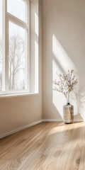 Fototapeta premium Large window in an empty property room with no furniture and day lighting. Residential Real Estate interiors with copy space for text.