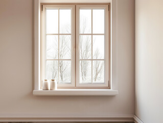 Fototapeta premium Large window in an empty property room with no furniture and day lighting. Residential Real Estate interiors with copy space for text.