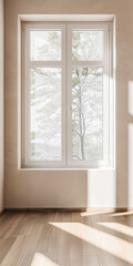 Fototapeta premium Large window in an empty property room with no furniture and day lighting. Residential Real Estate interiors with copy space for text.