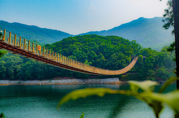 View of the Majang Lake Suspension Bridge in Paju, Korea.