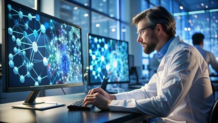 A person sits in an office and works at a computer, the image of the neural network is displayed on the monitor. High quality image