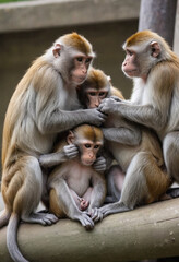 Fototapeta premium A group of monkeys grooming each other for social bonding. 