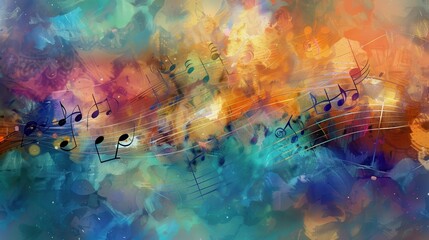 Fototapeta premium Abstract design with music notes, colorful overlay, realistic studio setting, highresolution and vivid