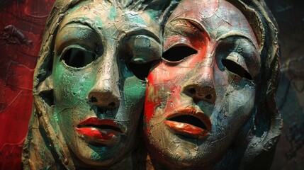 Dramatic theatre masks, rich textures, vibrant colors, realistic studio setting, high detail