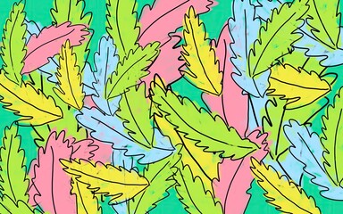 Leaf background art color background abstraction. Stylized ornament of leaves or feathers print. Multicolored feathers art pattern ornament. Cartoon leaves or feathers print on fabric, paper texture.