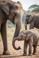 Obraz premium A heartwarming scene of a baby elephant nuzzling its mother. 