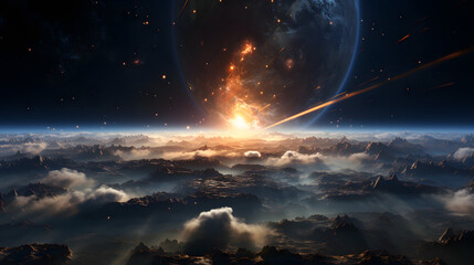 A fiery explosion lights up the sky as a planet breaks apart, casting a shadow over a mysterious, rocky landscape. 
