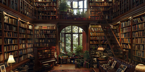 The Bookworm's Haven: Floor-to-ceiling bookshelves filled with classic novels, leather-bound books, and cozy reading nooks