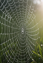  A photorealistic image of a spider web glistening with morning dew. 
