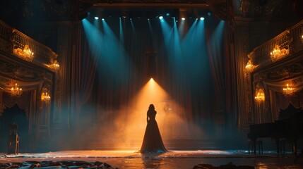 Obraz premium Opera singer on elaborate stage, dramatic lighting, ornate set design, realistic studio quality, sharp focus