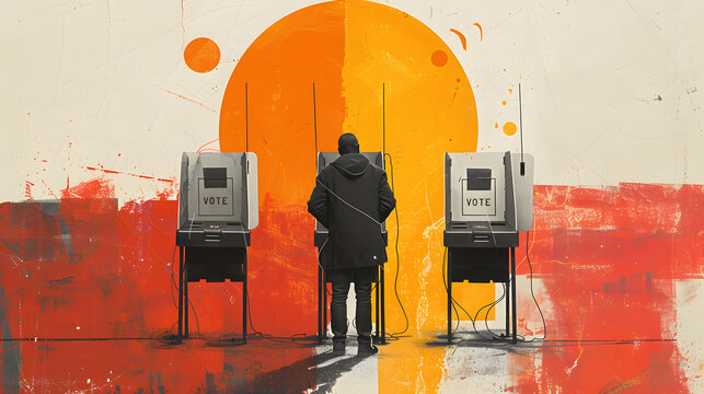 Silhouetted voters in winter coats stand at voting machines, emphasizing civic duty against a bold orange and yellow abstract background in the collage vintage retro style.