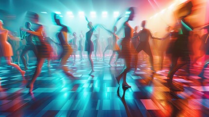 Geometric patterned dance floor, dancers in motion blur, studio lighting, realistic background, vibrant scene