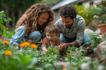 Family Gardening Together in Backyard Garden on Sunny Day