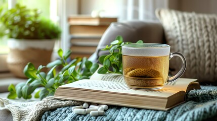 A relaxing setup with green tea, green tea extract supplements, and a book
