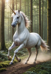 Obraz premium A majestic unicorn galloping through a magical forest. 
