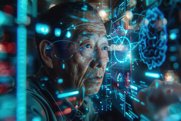 Futuristic Senior Man Analyzing Holographic Data at Night 