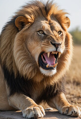 Fototapeta premium A majestic lion roaring in a display of dominance. 