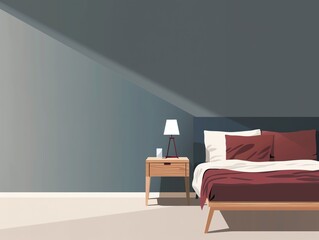 Minimalist bedroom, nightstand and bed, flat design illustration