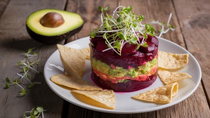 A plate of a small dish with chips and an avocado, AI