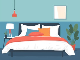 Comfortable bedroom, bed with pillows and bedding, flat design illustration