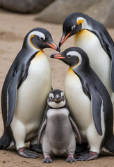 Naklejka premium A group of penguins cuddling together for warmth, conveying a sense of community. 