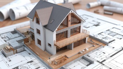 A 3D architectural model of a house over blueprints.