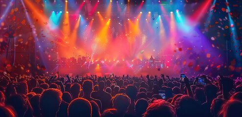 Concert crowd with colorful stage lights and confetti. Generative AI.