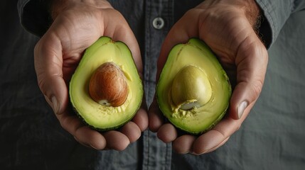 The halved avocado in hands
